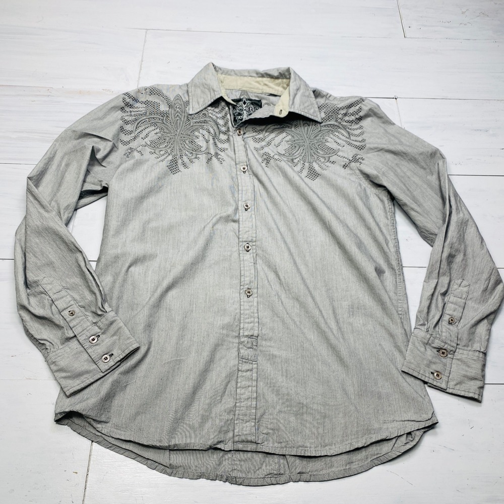 Roar Button Down Shirt Mens XL Grey Pinstripe Free Life Graphic Embroidered Y2K
